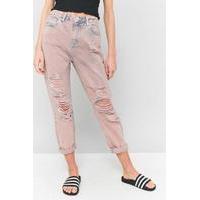 BDG Pink Acid Wash Destroyed Mom Jeans, PINK