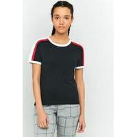 BDG Striped Sporty Round Neck T-Shirt, BLACK