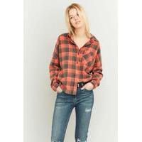 BDG Dolman Sleeve Stepped Hem Red Flannel Shirt, RED