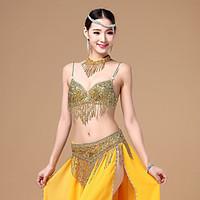 Belly Dance Outfits Women\'s Performance Cotton / Polyester Beading / Tassel(s) 3 Pieces Gold / Silver
