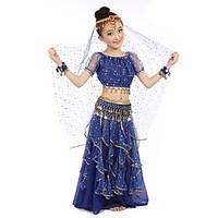 Belly Dance Outfits Children\'s Performance Chiffon Gold Coins Sequin 7 Pieces Fuchsia / Light Blue / Purple / Royal Blue