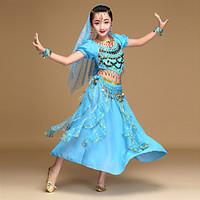 Belly Dance Outfits Kid\'s Performance Chiffon Spandex Sequined Coins Sequins 5 Pieces Short Sleeve NaturalTop Skirt Headpieces Veil Hip