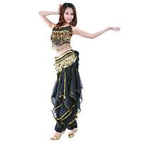 Belly Dance Outfits Women\'s Performance Training Chiffon Beading Coins Sequins 2 Pieces Sleeveless Natural Top Pants