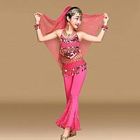 Belly Dance Outfits Kid\'s Performance Chiffon Gold Coins / Sequins Sleeveless 5 Pieces Top / Pants / Hip Scarf / Headwear / Veil