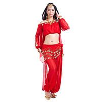 Belly Dance Outfits Women\'s Training Chiffon Sequins 3 Pieces Long Sleeve Top Pants Hip Scarf