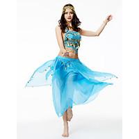 Belly Dance Outfits Women\'s Performance Chiffon Tassel Paillettes 2 Pieces Sleeveless High Skirts Top
