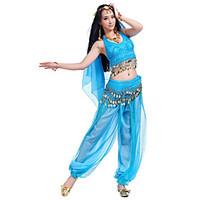 Belly Dance Outfits Women\'s Performance Chiffon Beading Coins Sequins 4 Pieces Sleeveless Top Pants Hip Scarf Headpieces