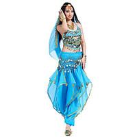 Belly Dance Outfits Women\'s Performance Chiffon Beading Coins Sequins 4 Pieces Sleeveless Top Pants Headpieces Hip Scarf