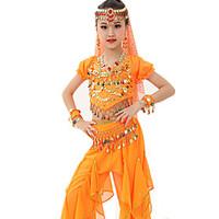 Belly Dance Outfits Children\'s Performance Gold Coins Ruched 7 Pieces Fuchsia / Light Blue / Light Green / Royal Blue