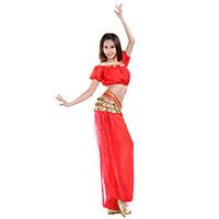 Belly Dance Outfits Women\'s Training Chiffon Coins Sequins 2 Pieces Short Sleeve Natural Top Pants