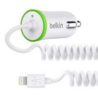 Belkin Micro Car Charger 2.1 Amp With Coiled Wired Lightning Cable White