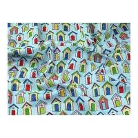 beach huts print polycotton dress fabric blue