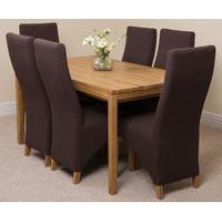 Bevel Solid Oak 150cm Dining Table & 6 Brown Fabric Chairs