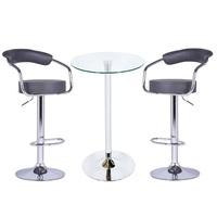 Bente Glass Bar Table In Clear With 2 Zenith Grey Bar Stools