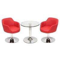 Belize Bistro Table In Clear Glass With 2 Red Bucketeer Chairs