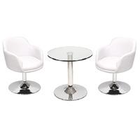 Belize Bistro Table In Clear Glass And 2 White Bucketeer Chairs
