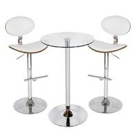 bente bar table in clear glass with 2 shanon white stools