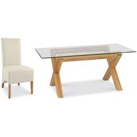 Bentley Designs Lyon Oak Dining Set - Glass Table with Ivory Faux Leather Wing Back Chairs