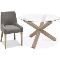 Bentley Designs Turin Aged Oak Dining Set - Round Glass Top Dining Table with Smoke Grey Scoop Back Chairs