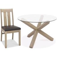 Bentley Designs Turin Aged Oak Dining Set - Round Glass Top Dining Table with Slatted Chairs