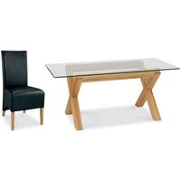 Bentley Designs Lyon Oak Dining Set - Glass Table with Black Faux Leather Wing Back Chairs