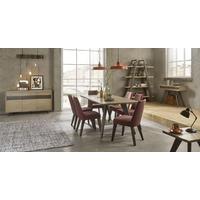 Bentley Designs Cadell Aged and Weathered Oak Dining Set with 6 Mulberry Upholstered Chairs