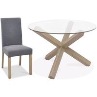 Bentley Designs Turin Aged Oak Dining Set - Round Glass Top Dining Table with Slate Blue Square Back Chairs