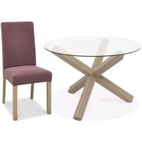 Bentley Designs Turin Aged Oak Dining Set - Round Glass Top Dining Table with Mulberry Square Back Chairs