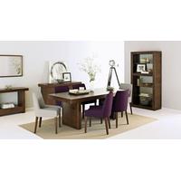 Bentley Designs Akita Walnut Dining Set - 6 Seater Panel Table with 2 Ella Walnut Linen and 4 Plum Scoop Back Chairs