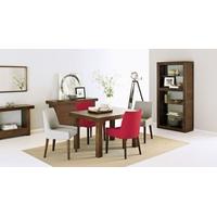 Bentley Designs Akita Walnut Dining Set - 4-6 Seater Extending Table with 2 Ella Walnut Linen and 2 Red Scoop Back Chairs