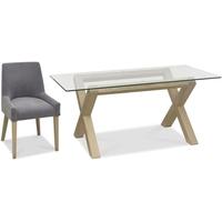 Bentley Designs Turin Aged Oak Dining Set - Glass Top Dining Table with Slate Blue Scoop Back Chairs