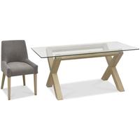 Bentley Designs Turin Aged Oak Dining Set - Glass Top Dining Table with Smoke Grey Scoop Back Chairs