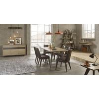 Bentley Designs Cadell Aged and Weathered Oak Dining Set with 6 Disstressed Bonded Leather Upholstered Chairs