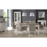 Bentley Designs Montreux Grey Washed Oak and Soft Grey Dining Set - 180cm Extending Table with Upholstered Bonded Leather Chairs