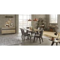 Bentley Designs Cadell Aged and Weathered Oak Dining Set with 6 Smoke Grey Upholstered Chairs