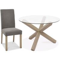Bentley Designs Turin Aged Oak Dining Set - Round Glass Top Dining Table with Smoke Grey Square Back Chairs