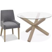 Bentley Designs Turin Aged Oak Dining Set - Round Glass Top Dining Table with Slate Blue Scoop Back Chairs