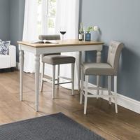 Bentley Designs Hampstead Soft Grey and Oak Bar Table with 2 Olive Grey Bonded Leather Upholstered Stools