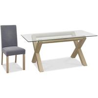 Bentley Designs Turin Aged Oak Dining Set - Glass Top Dining Table with Slate Blue Square Back Chairs