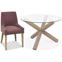 Bentley Designs Turin Aged Oak Dining Set - Round Glass Top Dining Table with Mulberry Scoop Back Chairs