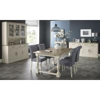 Bentley Designs Chartreuse Aged Oak and Antique White Dining Set - 4-10 Extending with Slate Blue Upholstered Chairs