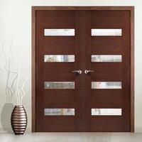 Bespoke Monaco Walnut Flush Door Pair with Linea Frosted Glass - Prefinished