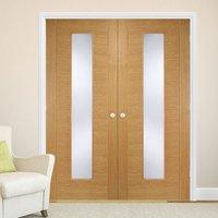 Bespoke Aragon Oak Flush Door Pair with Frosted Safety Glass - Prefinished