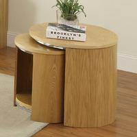 bentwood oak finish nesting tables with chrome frame and shelf