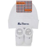 Ben Sherman baby boy cotton rich white hat and booties embroidered logo set - White
