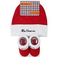 Ben Sherman baby boy cotton rich red and white trim hat and booties embroidered logo set - Red