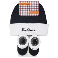 Ben Sherman baby boy cotton rich navy and white trim hat and booties embroidered logo set - Navy