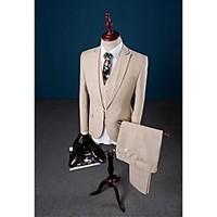 Beige Solid Color One-Button Closure collar Linen Three-Pieces Tailored Fit Suit For Party/Evening