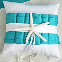 Beach Themed Blue Wedding Ring Pillow with Starfish