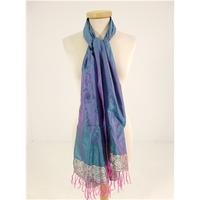 Beautiful 100% Silk Ombre Blue and Pink Paisley Brocade and Tassel Edged Scarf